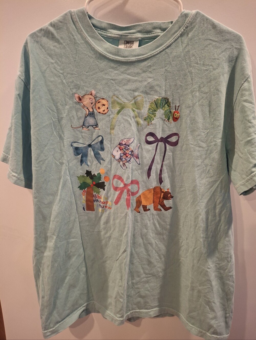 Comfort Colors Light Green Womens Tee with Playful Animal & Bow Graphics